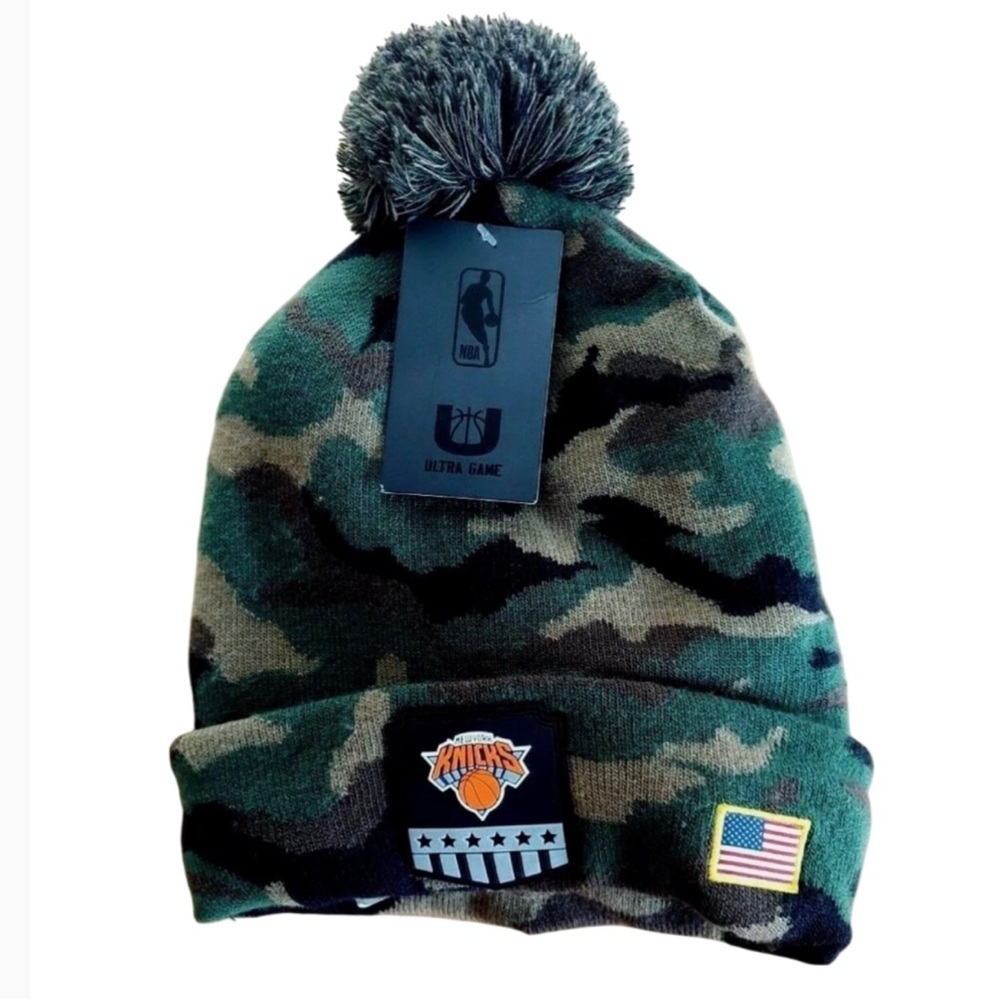 New  York Knicks Hat Salute to Service Green Camo Cap Beanie USA Flag Patch